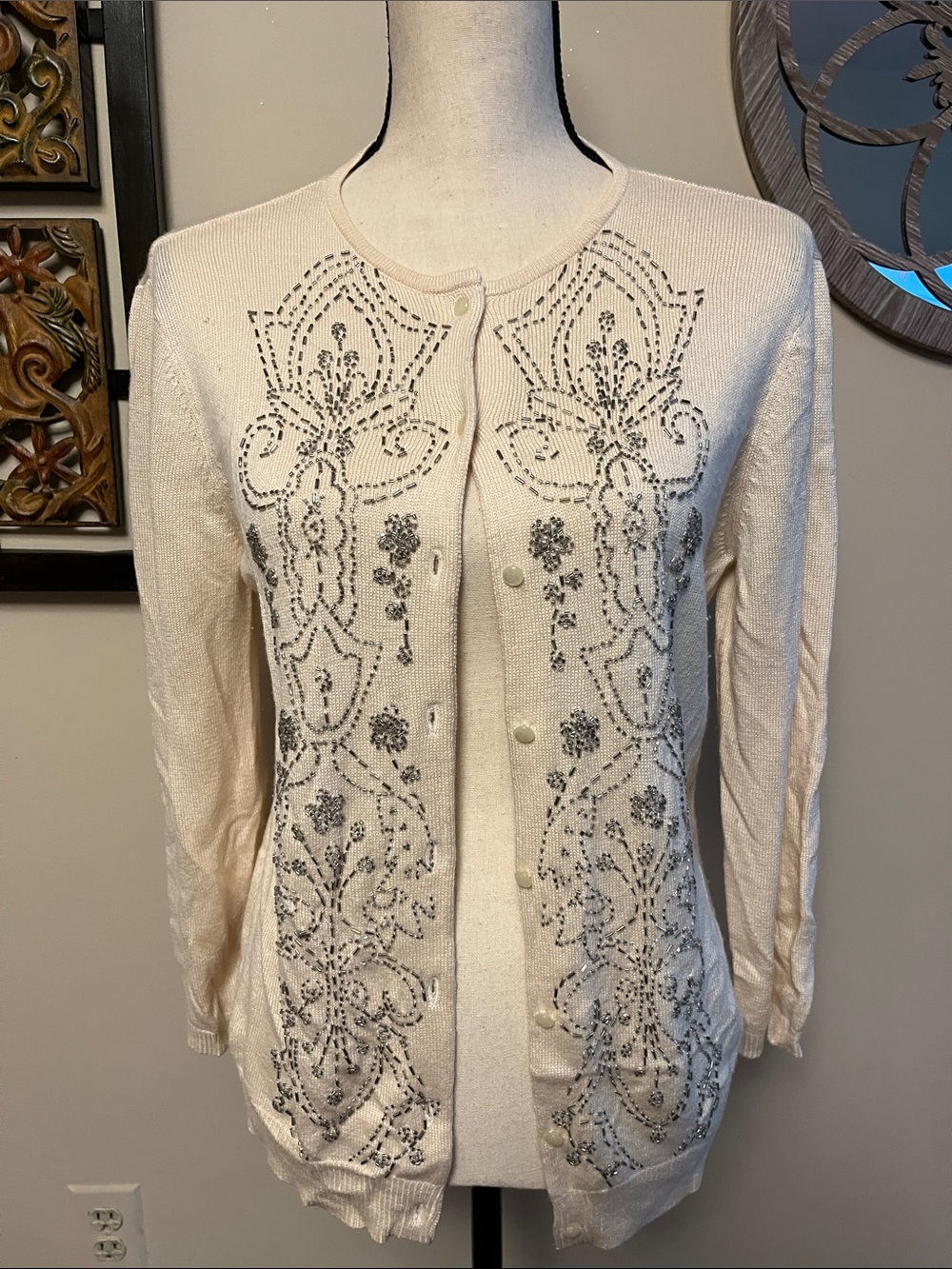 Ralph Lauren Cream Cardigan with Silver Embellishment, silk and cashmere, medium